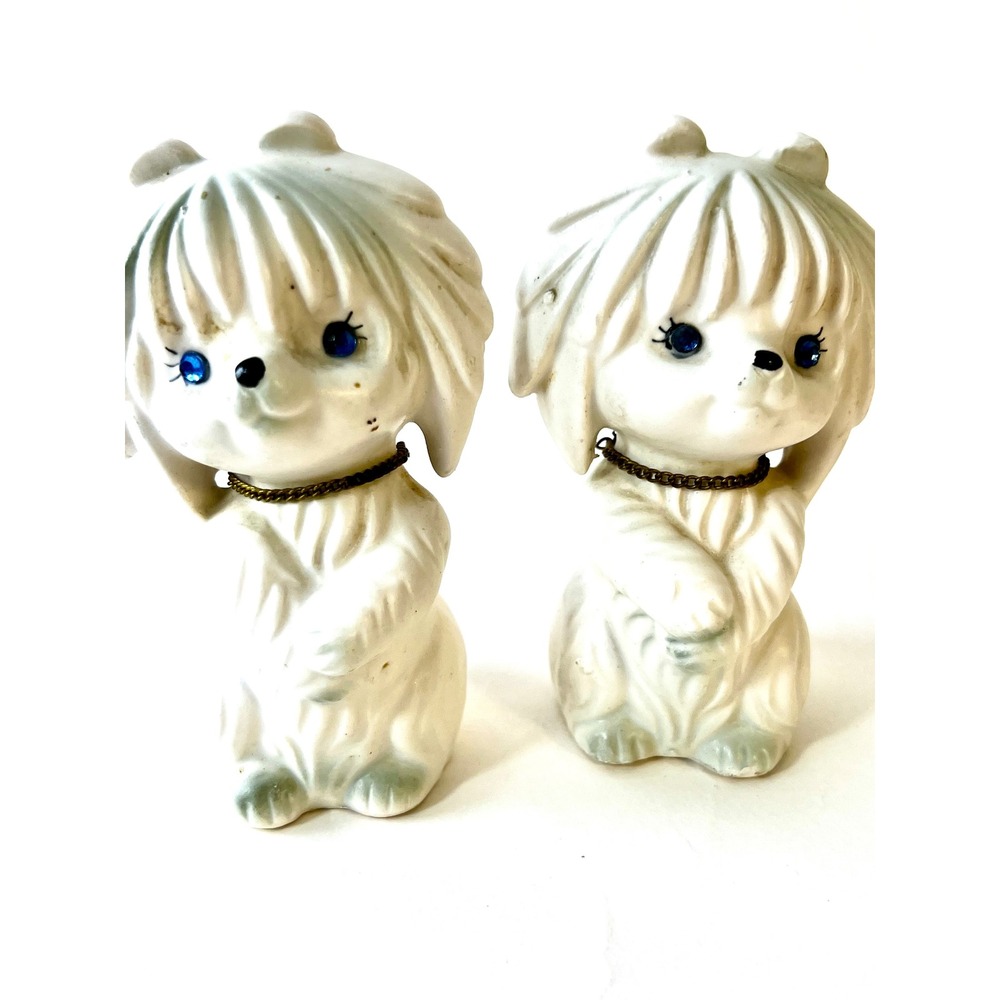 Vintage Lego Japan Ceramic Dog Salt and Pepper Shakers Blue Rhinestone Eyes